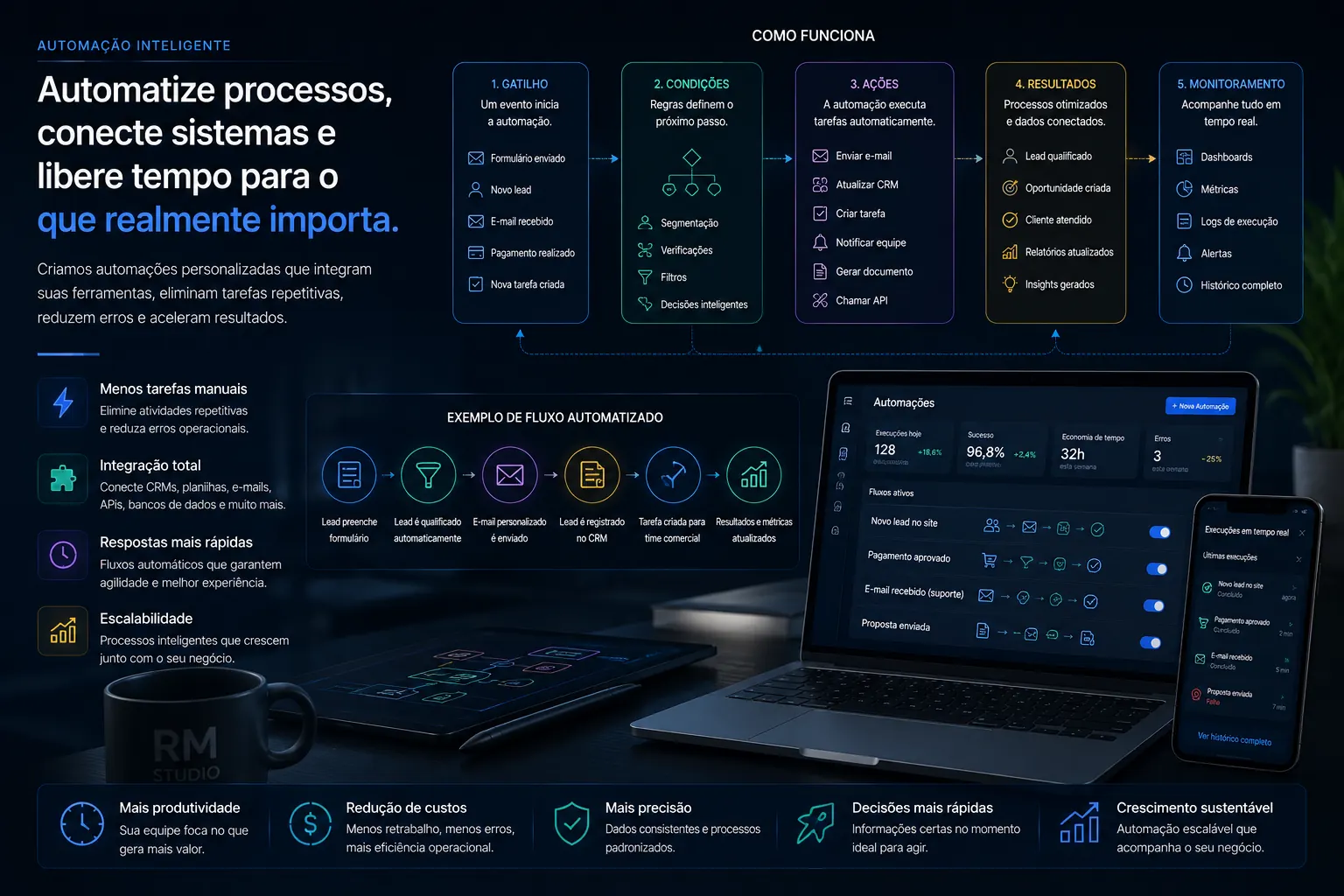 Automação conectando gatilhos, condições, ações, resultados e monitoramento.