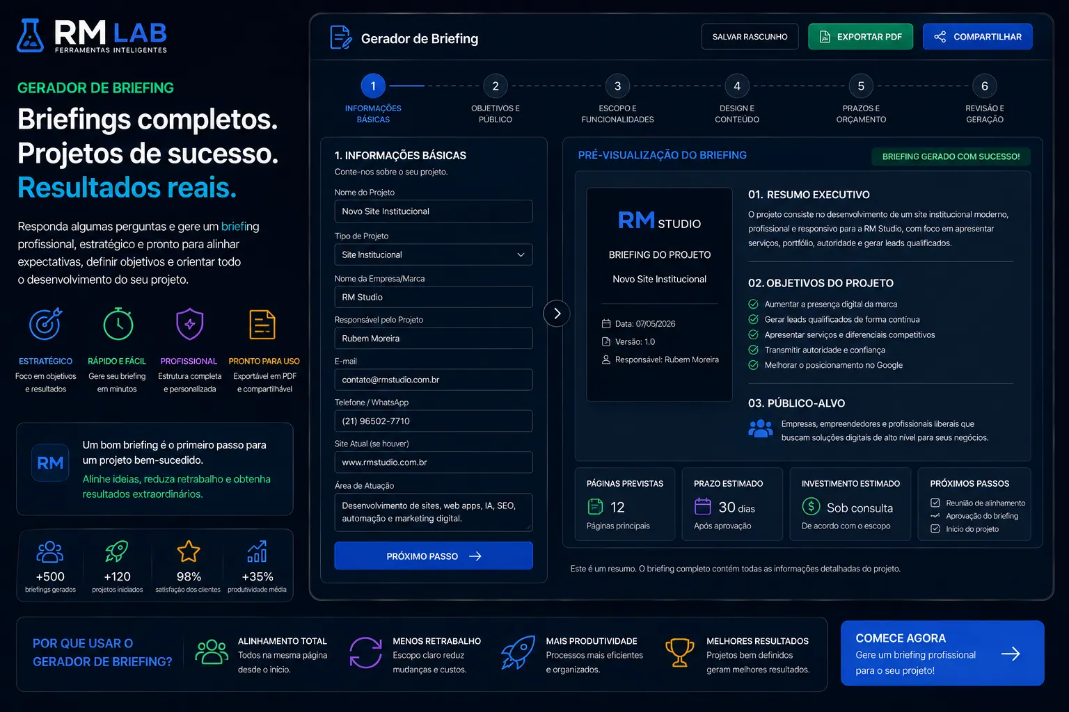 Gerador de briefing estruturando objetivos, público, escopo e requisitos.