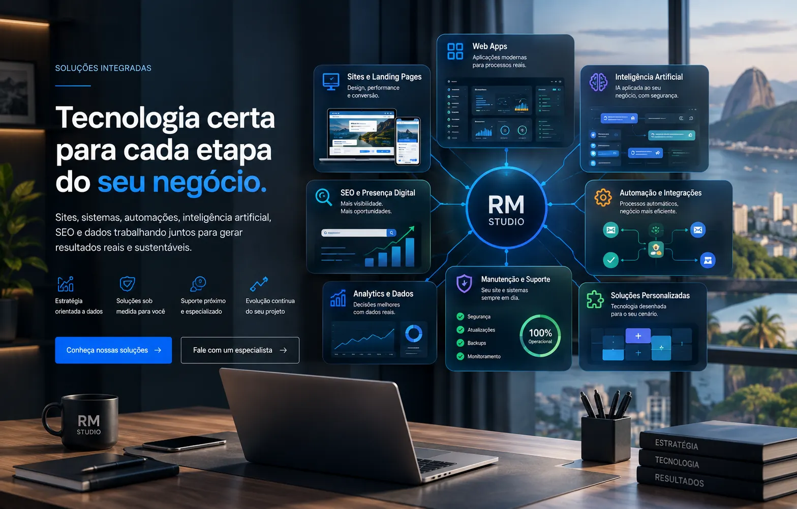 Soluções digitais integradas conectando sites, web apps, IA, SEO, automação, analytics e suporte.